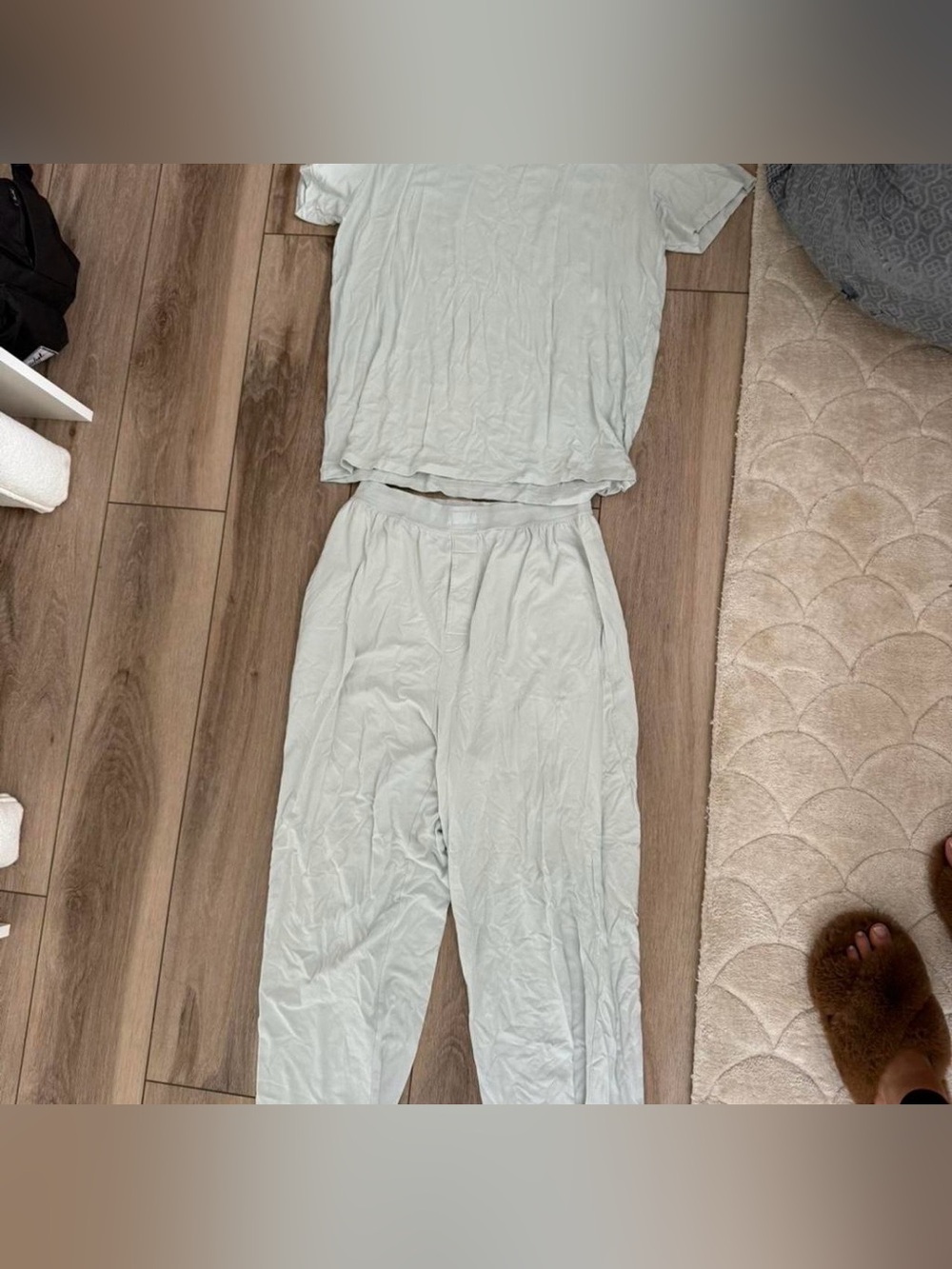 SKIMS Light Gray/Sage Short Sleeve Top & Jogger Pajama Set